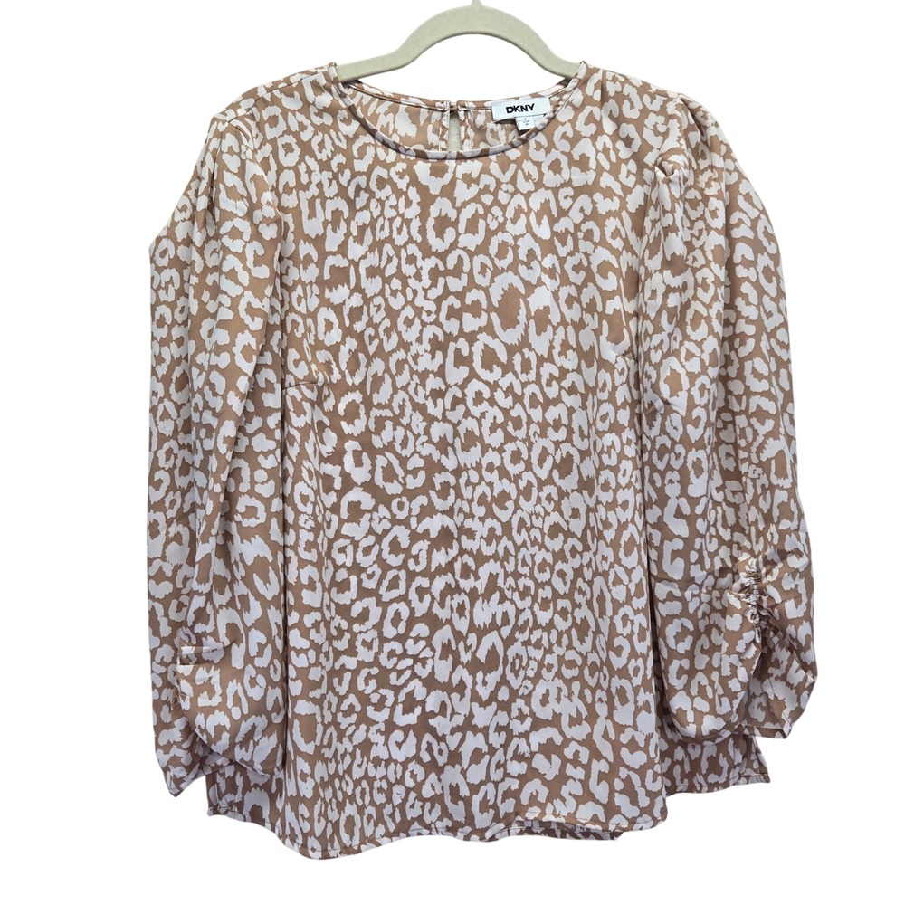 NWT‎ DKNY Womens Leopard Puff Sleeve Blouse Tan White Top Small Animal Print